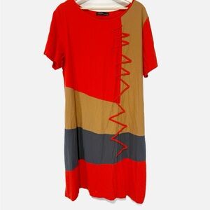 Zanzea Collection Orange and Brown Geometric Artsy Midi Dress Cotton Size XXXL